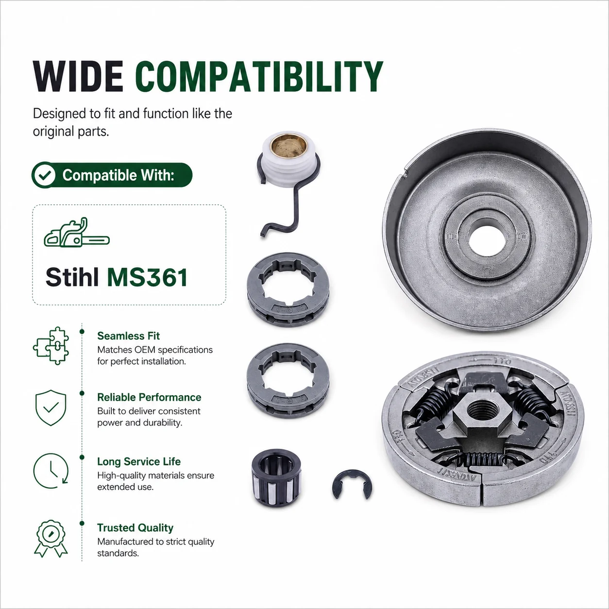 Compatible Clutch Drum Kit With Sprocket Rim Bearing E-Clip For Stihl MS361 9512 933 2380 Replacement Chainsaw Parts
