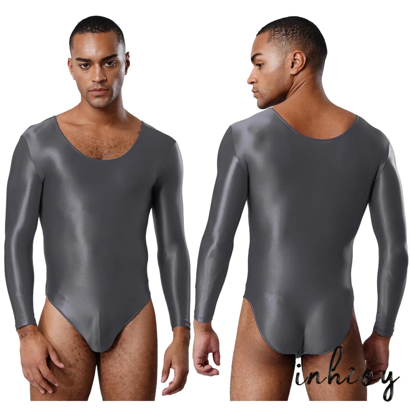 

Adult Mens One Piece Lingerie Nightwear Clubwear Fitness Glossy Smooth Stretchy Long Sleeve Round Neck Leotard Bodysuit
