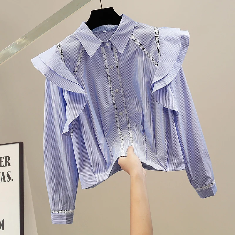 

Модная повседневная свободная блузка с плиссированной талией, эффектом похудения, длинными рукавами, кружевной отделкой, в полоску, укороченная, C...