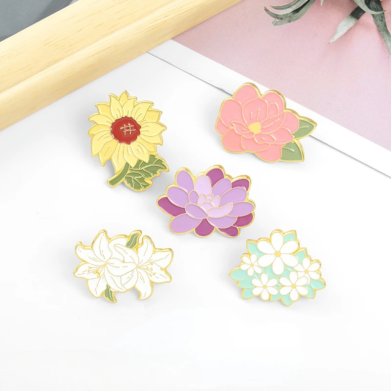 Custom Cartoon Flower Enamel Pin Peony Sunflower Lily Daisy Succulents Brooches Bag Hat Badges Jewelry Gift for Friend Wholesale