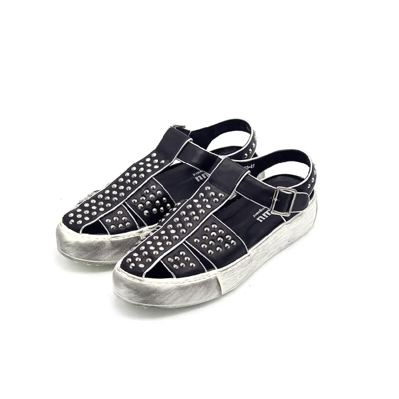 

Spring and Summer New Rivet Hollow Out Old Flat Bottom Cowhide Sandals Banquet Street Versatile Large and Small Tall Men's Shoes