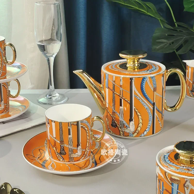 European bone china 15 pieces orange coffee pot milk pot combination set afternoon tea home café