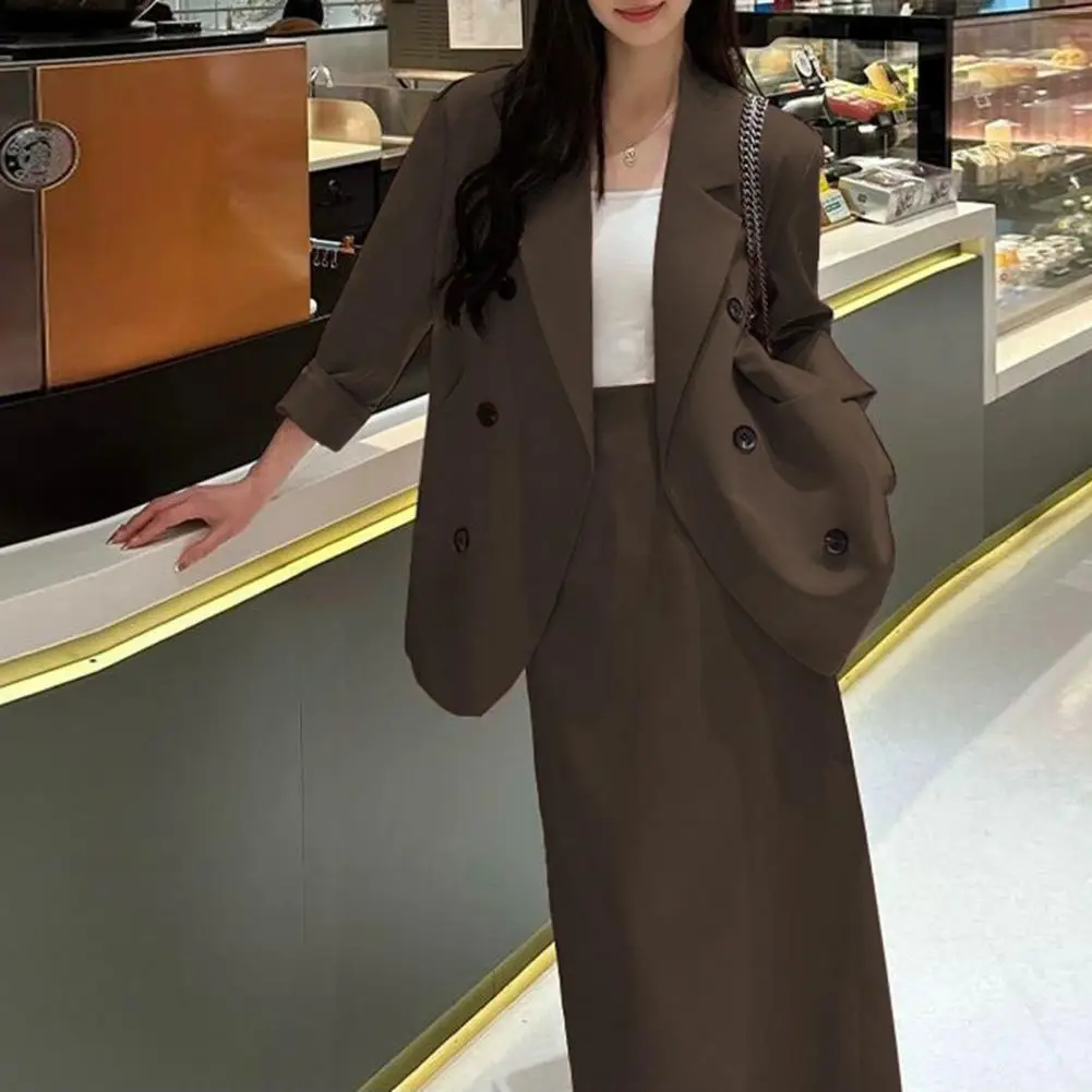 2 Pcs/Set Women Suit Coat Skirt Set Double-breasted Long Sleeve Lapel Mid Length Jacket High Waist Loose Skirt Set Formal Busine