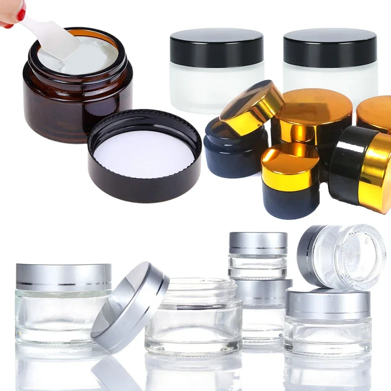 10Pcs 5-100g Clear/Amber/Frosted Round Glass Jars Silver Black Gold Lids With Inner Liners For Lip Balm Lotion Creams Eye shadow