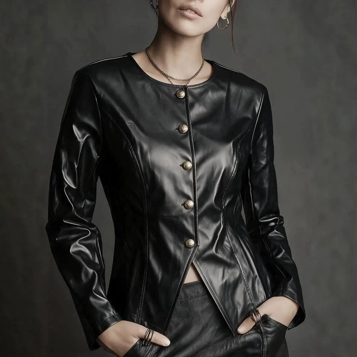 Women's Autumn Coats PU Leather Slim Fit Long Sleeve Crew Neck Single Breasted Jacket Lady Fashion All-Match Female Outerwear
