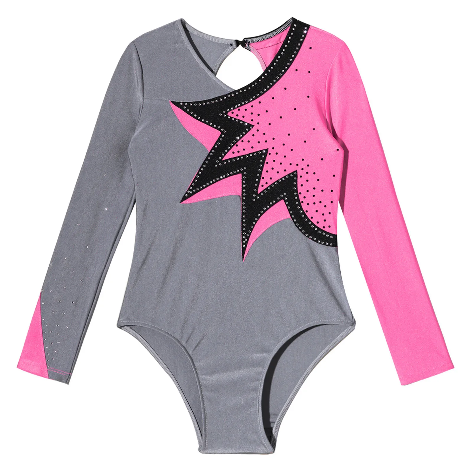 Kids Color Block Rhythmic Gymnastics Jumpsuit for Girls Ballet Dance Leotard Long Sleeve Keyhole Back Yoga Skating Bodysuit