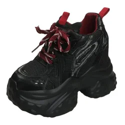 Women Autumn Breathable Chunky Sneakers Lace Up Platform Sports Shoes Woman Thick Bottom 12CM High Heels Female Wedges Sneaker