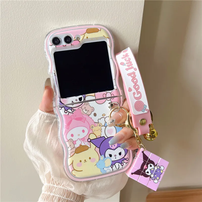 Cartoon Sanrios Hello Kitty Kuromi with Rubik's Cube Pendant Phone Case for Samsung Galaxy Z Flip 3 4 5 5G PC Hard Back Cover