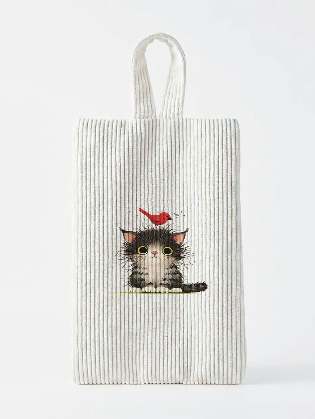 Cute Fluffy Kitten And Red Bird Print Corduroy Vertical Storage Bag, Handheld Fabric Organizer for Underwear and Socks