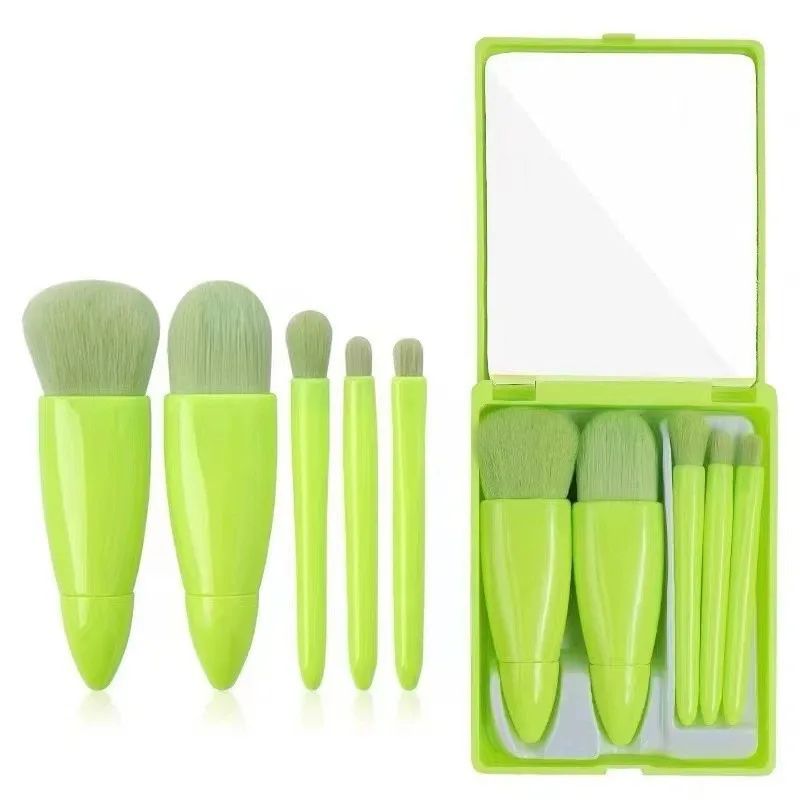 5Pcs Portable Makeup Brush Set with Mirror -Foldable Travel Kit Mini Makeup Brush Set Multifunctional Travel Makeup Brush Set
