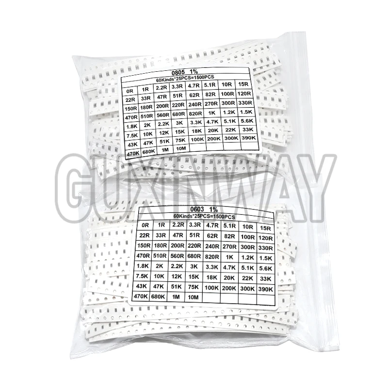 SMD 0603 0805 1500PCS/Set Resistors Assorted Set (60 Values X 25Pcs) 0R-10M Ohm 1% High Precision Film Chip Resistance Kit