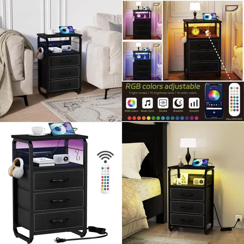 

Тумбочка с 3 ящиками из ткани черного цвета со светодиодной подсветкой и портом для зарядки для спален, гостиных и общежитий