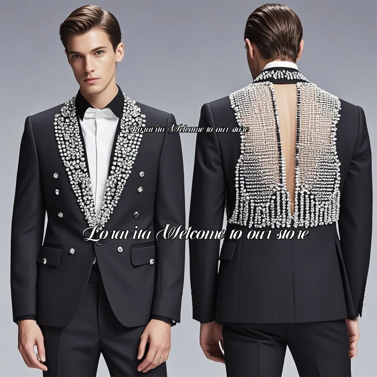 Luxurious Male Prom Party Blazer Sparkling Diamonds Adorn Hollow Back Men Suits 2 Pieces Groom Wedding Tuxedos vestidos de novia