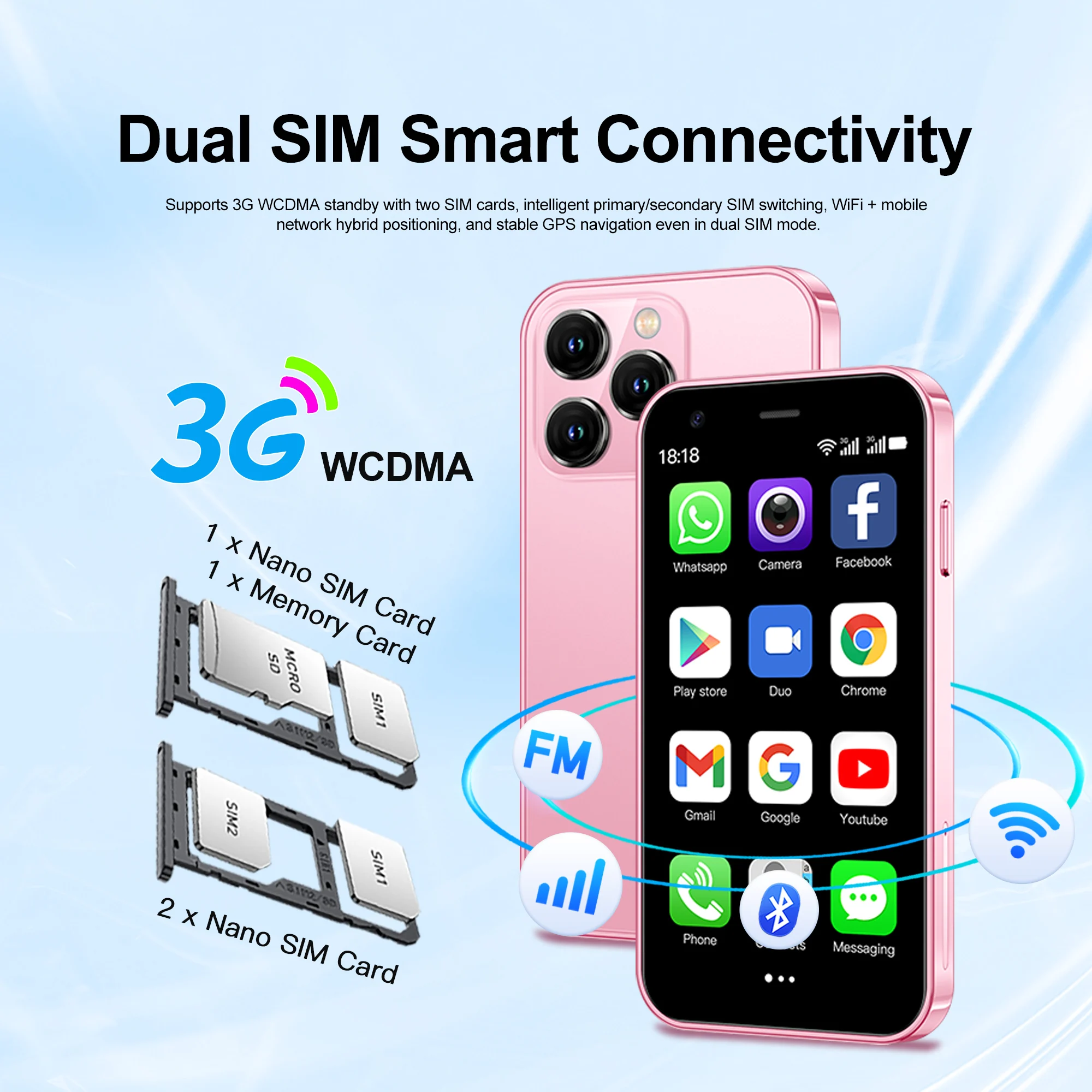 حار بيع هاتف ذكي صغير 3G WCDMA 3.0 "عرض ثنائي الشريحة نظام أندرويد واي فاي GPS 2GB + 16GB Play Store هاتف ذكي محمول صغير