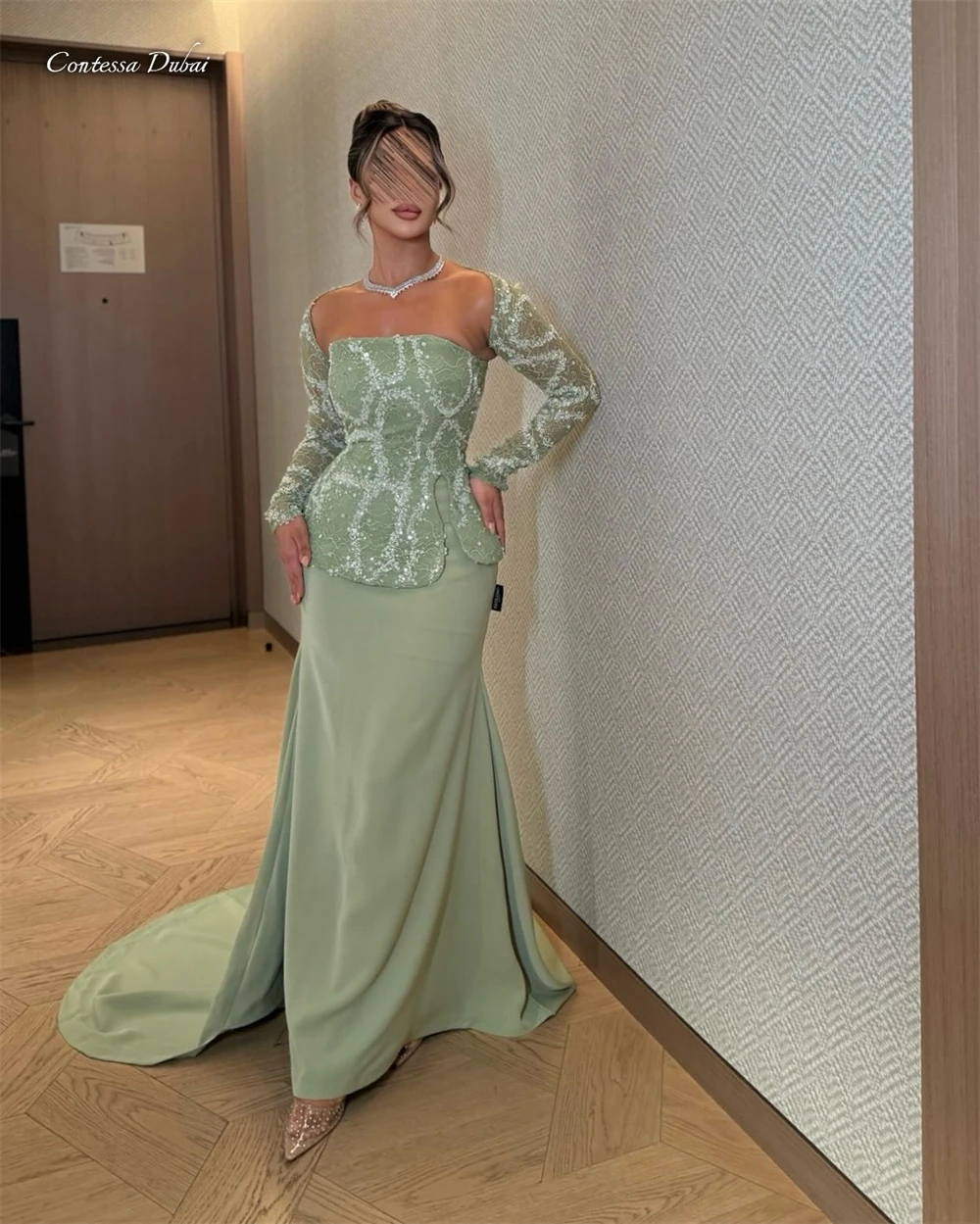 

Contessa Custom elegant evening dress formal gown off shoulder lace sleeves sequin beaded peplum satin mermaid maxi prom party