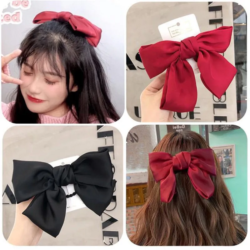 Sweet Women Kids Girl Spring Clip Bow Elegant Chic Ponytail Clip Barrettet Retro Satin Bow Hair Clip Girl Headwear Accessories