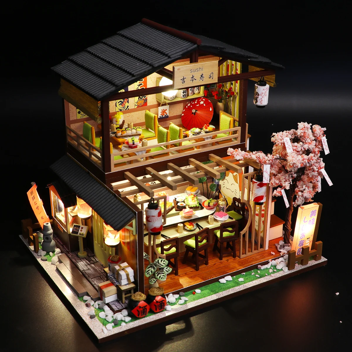 Sushi Shop Doll House Mini DIY Kit Production Assembly Room Model Toys, Home Bedroom Decoration with Furniture, Wooden Crafts 3D