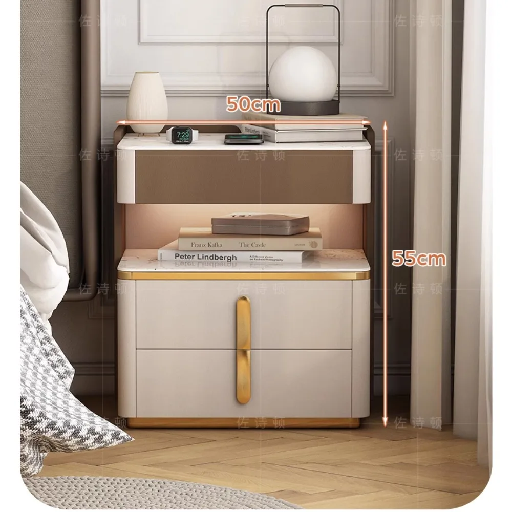 Three-layer drawer bedside cabinet, large size and 50cm width, is a brown high-end music bedside cabinet that can charge mobile