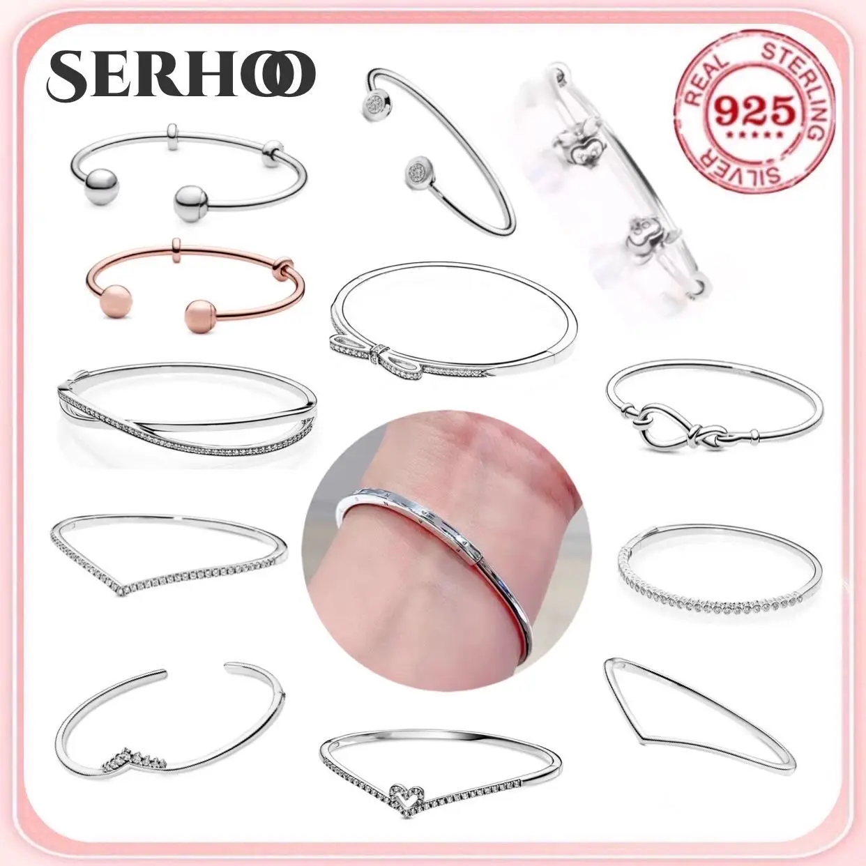 

Elegant temperament 100% 925 sterling silver heart opening design bow bracelet women's original DIY jewelry accessories gift
