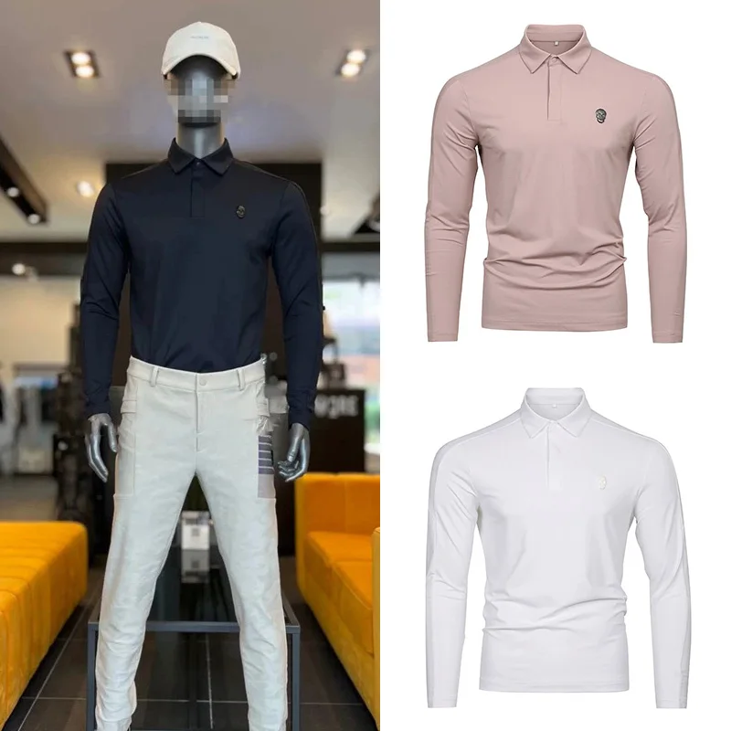 Korean Golf Shirt Men's Half Collar Buckle Long Sleeve Top Solid Color Temperament Breathable And Casual New Golf Clothing