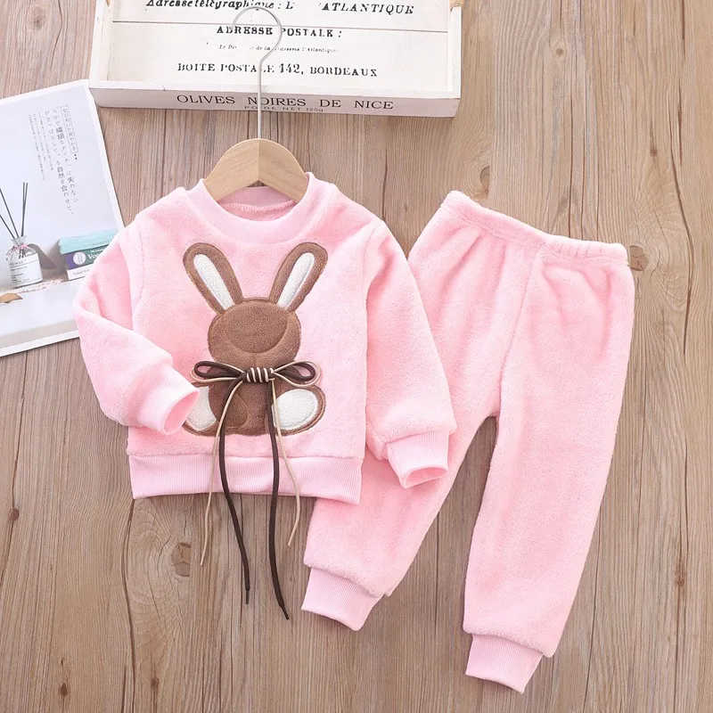 Children Toddler Set Cartoon Rabbit Pajamas Baby Boy Girl Flannel Warm Sleepwear Top+Pants 2pcs Autumn Winter Casual Clothes New