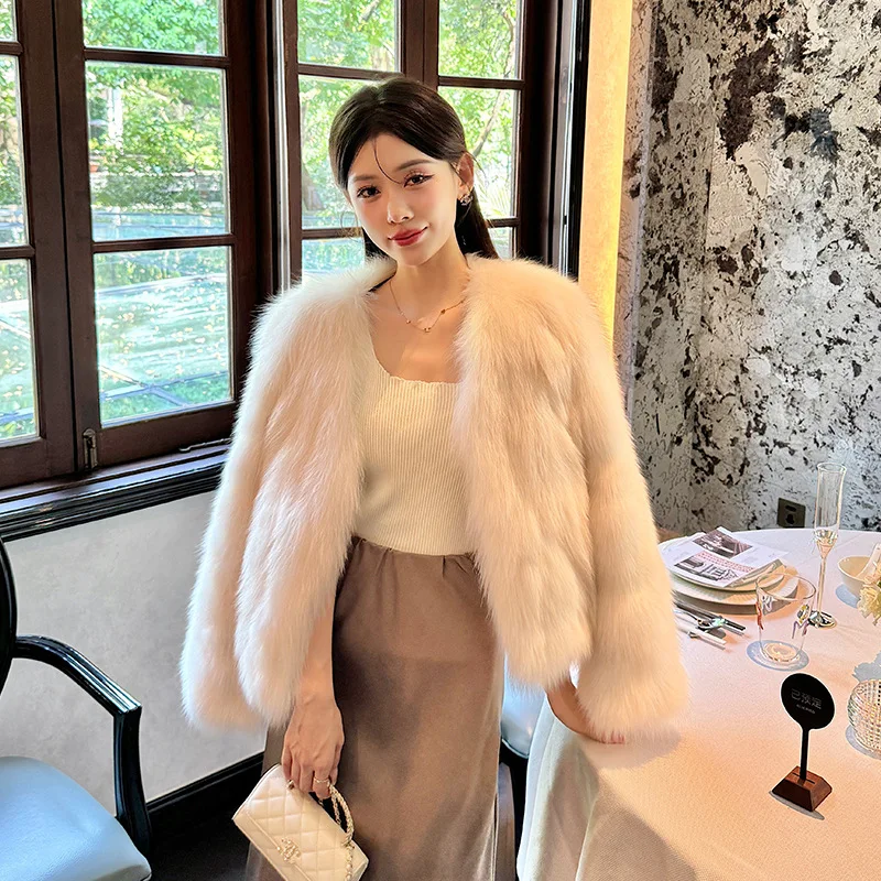 Women Faux Fur Coat Short Jacket Overcoat V Neck Long Sleeve Open Stitch Loose Outwear Thick Office Casual 2025 Autumn Winter