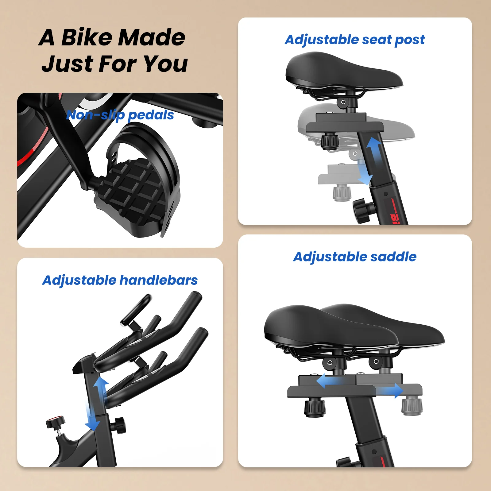 Formill DC001A & DC002A – magnetisches, stationäres Heimtrainer-Fahrrad, Indoor-Cycling-Fahrrad mit 8 kg schwerem Schwungrad, LCD-Monitor, verstellbarer Sitz und Tablet-Halterung für das Training im eigenen Fitnessraum. – Detail 8