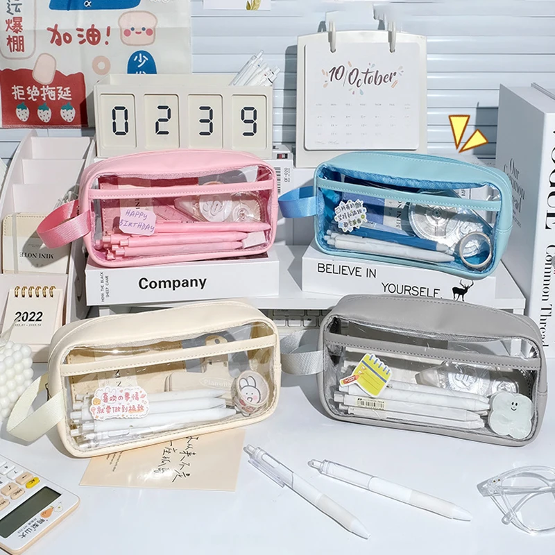 Portable Double-layer Transparent Pen Bag Box Stationery Aesthetic School Cases Pencil Pouch Utilities Cute Pencilcase Girls