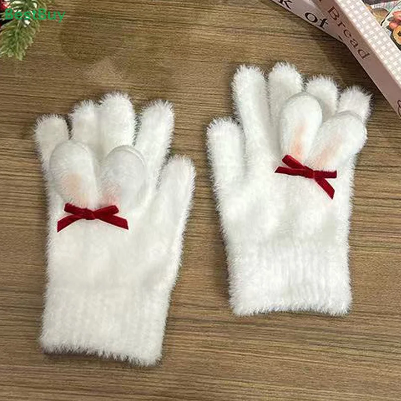 1 pair  Cute Plush Cold Proof Rabbit ear five-finger gloves