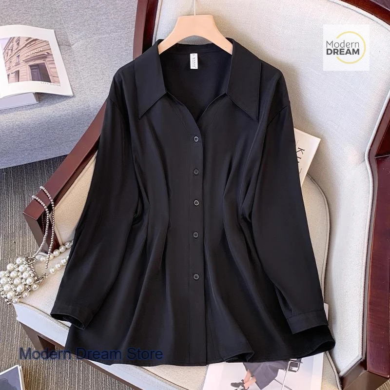 

Korean-style plus-size slim belly-covering fashion long-sleeved shirt women's spring and autumn new temperament lapel long shirt
