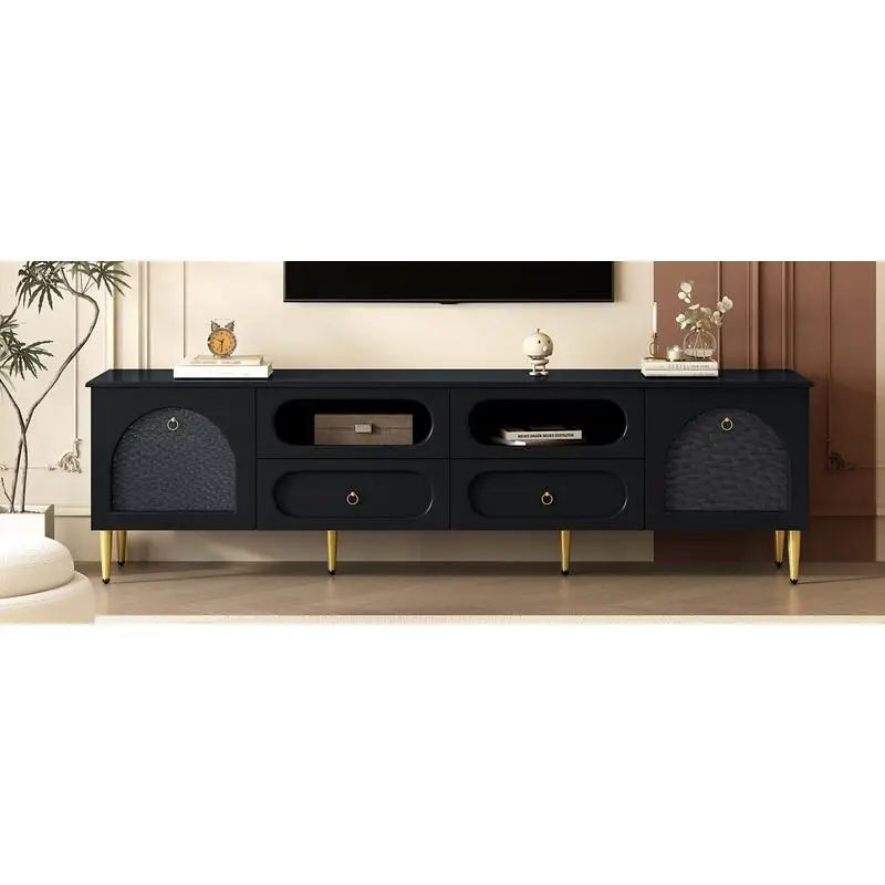 Retro TV Stand, Entertainment Center Media Console with Six Metal Legs, Dual Cabinets, Four Drawers, Anti-tip Device, Holds TVs