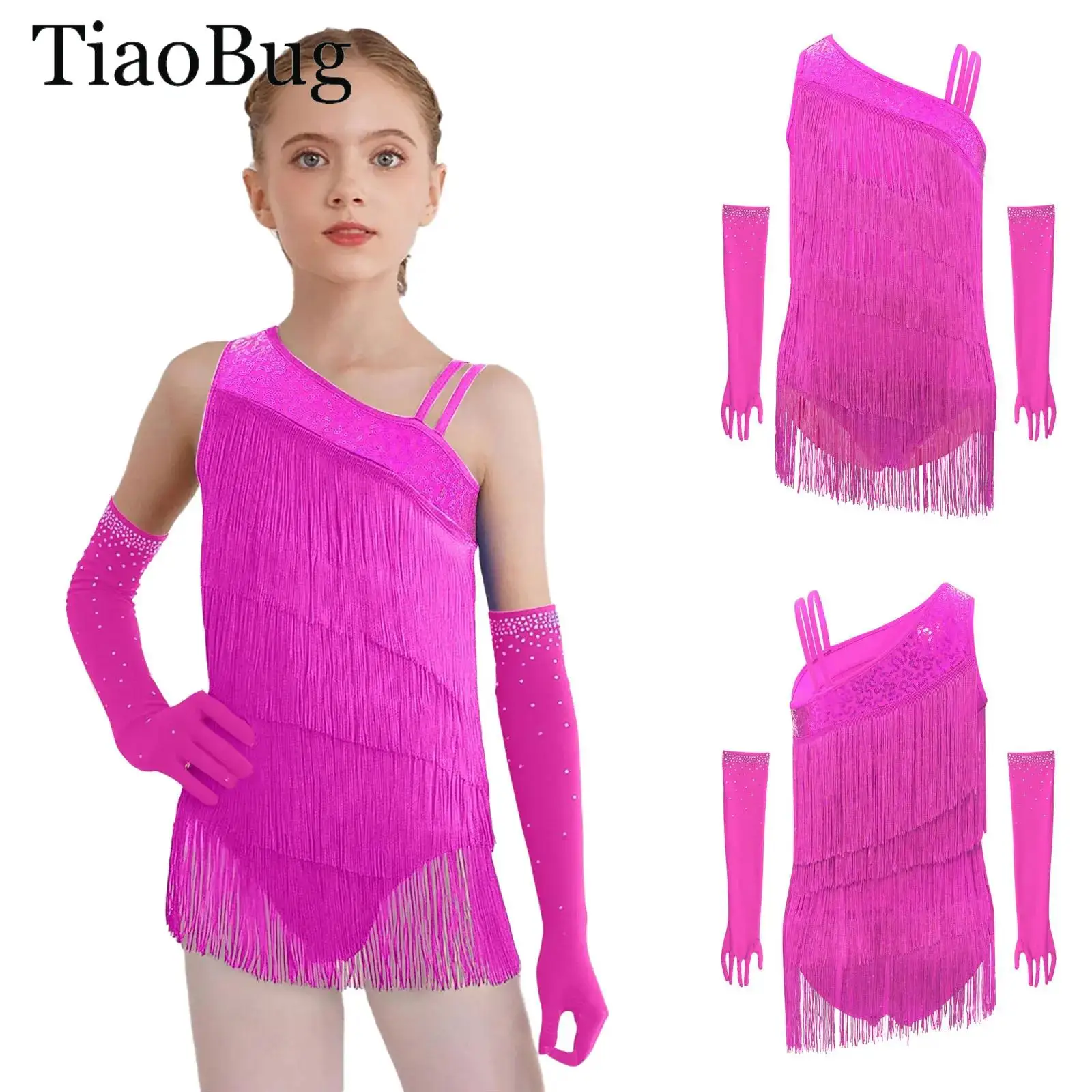 

Girls Tassel Latin Dance Leotard Dress Sleeveless Asymmetrical Fringe Bodysuit Modern Ballroom Tango Salsa Skating Dance Outfit