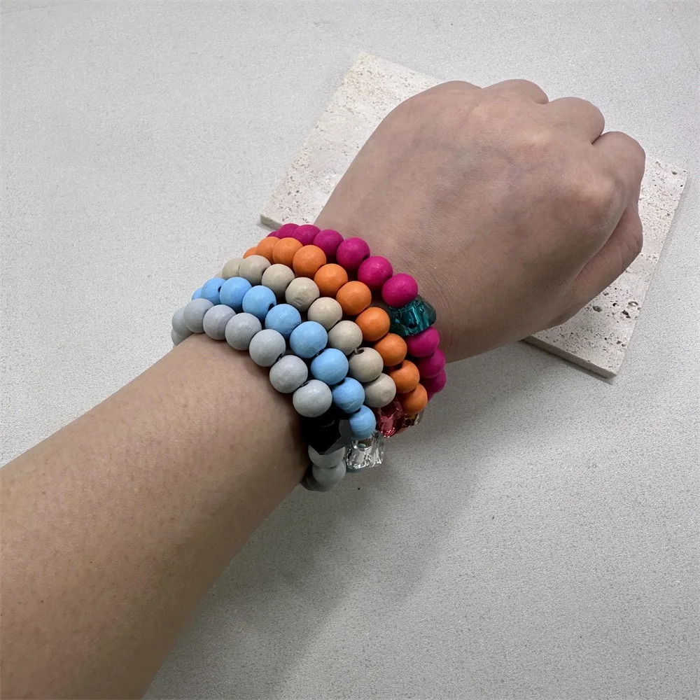 New Fashion Rubber Plated Beads Elastic Bracelets with Colorful Big Tassel For Woman Summer Beach Vocation Jewelry