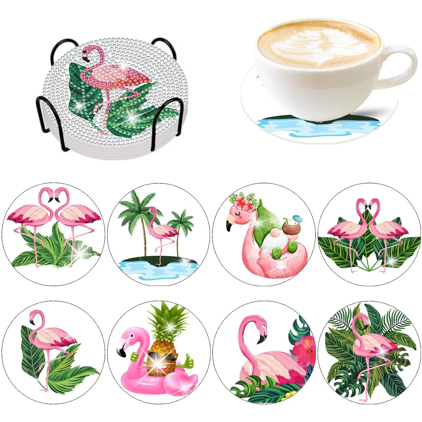 

CHENISTORY 8 pieces/set DIY Diamond Painted Art Flamingo Painting Coaster with Bracket Kit, Beverage Insulation Diamond Coaster