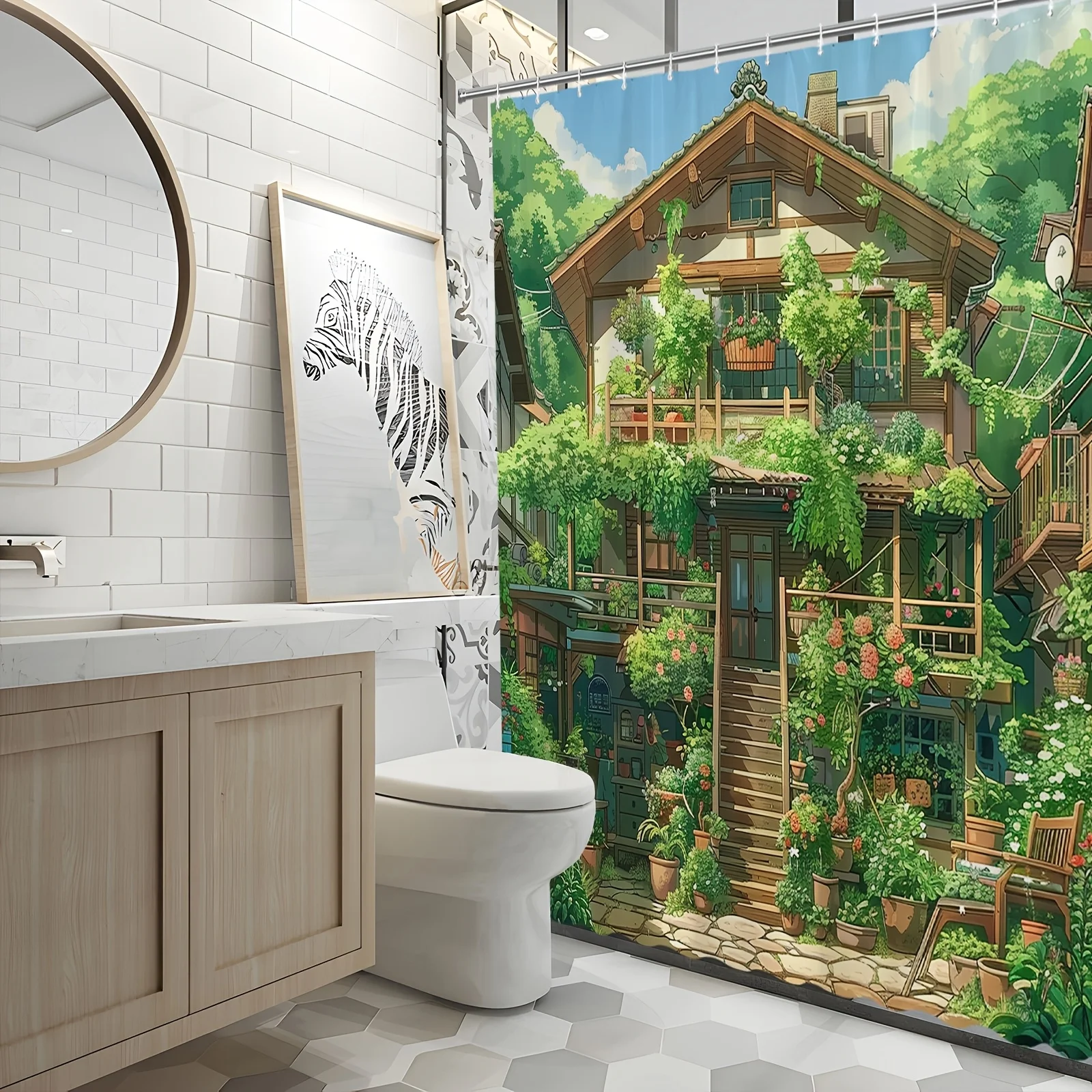 

Enchanted Garden Cottage Bath Curtain - Lush Greenery & Rustic Charm,Waterproof Home Decor Adds Nature's Beauty to Your Bathroom