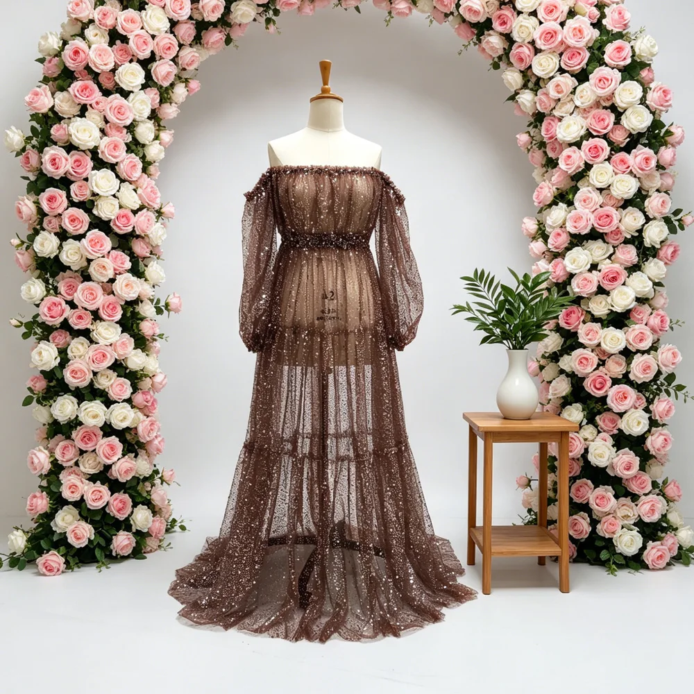 Schwangerschaftsfotografie-Kleid für Damen, künstlerisches Kleid, elegantes Perlen-Pailletten-Mesh-Kleid in A-Linie mit Futter, transparentes Umstandskleid