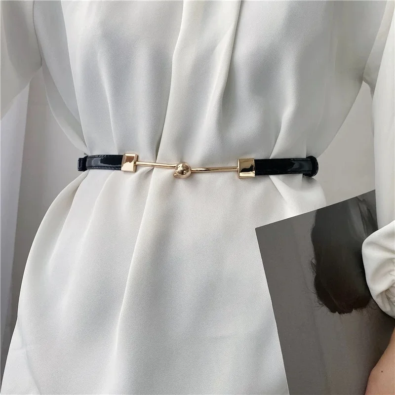 Skinny Leather Women Belt for Dress Adjustable Thin Cinch Waist with Gold Buckle for Ladies Dress Jeans Decoration Black Belts