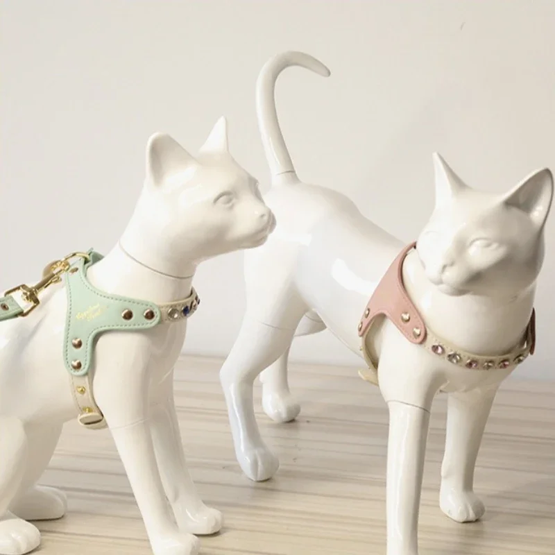 PU Leather Cat and Dog Diamond Chest and Back Set Small Pet Leash High-value Going Out Dog Walking Rope Pet Chest Strap