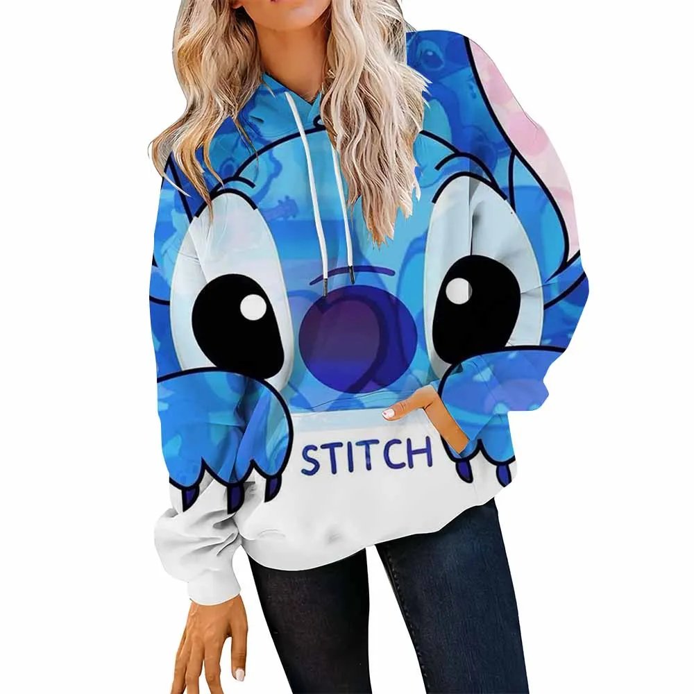 Bluza damska z nadrukiem Disney Stitch, okrągły dekolt, miękki sweter, styl hip-hop, streetwear, luźny krój, casual, Y2K, odzież sportowa. ﻿