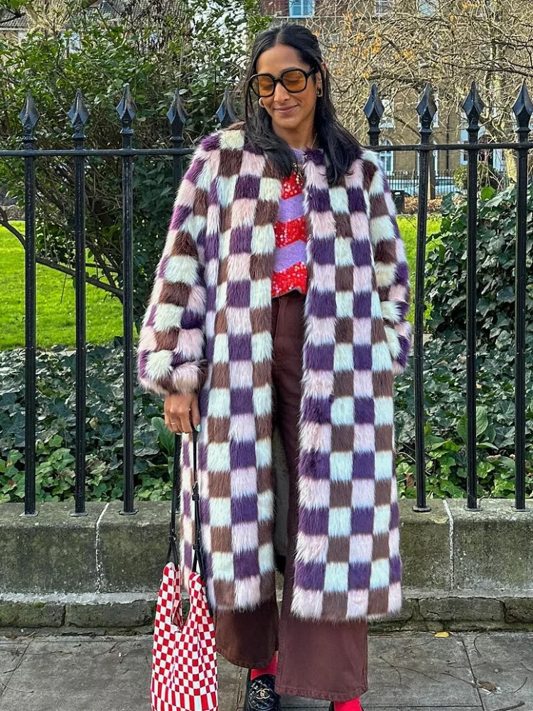 

Женские длинные пальто из искусственного меха в клетку в стиле пэчворк, женские теплые длинные куртки без косточек с длинными рукавами, новая модная плотная верхняя одежда