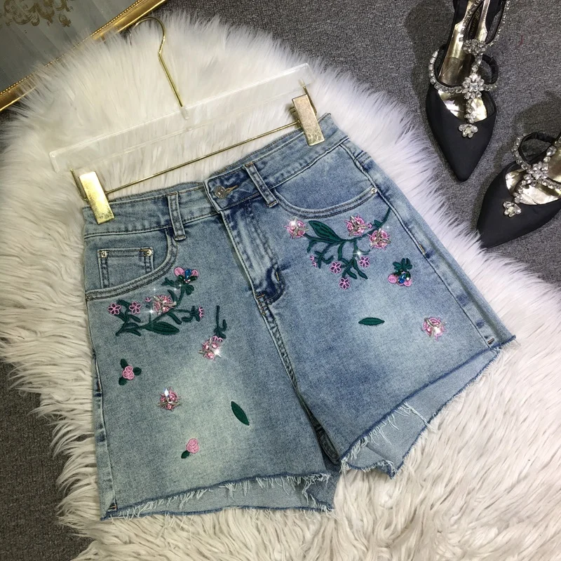 

High Quality Embroidery Beading Summer Women Hot Shorts Handwork All-match Light Blue Stretch Wide Leg Jeans A-line Denim Shorts