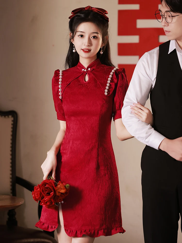 

Red Wedding Qipao ort Sve round Collar Low Slit ort Qipao Dr Lace Wedding Ceremony Wine Red Color New Bride Fro