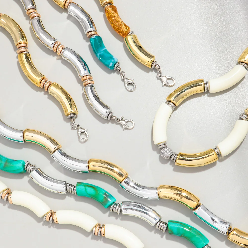 New Bohemia Acrylic Chunky Bamboo Bracelets for Women Boho Resin Elastic Tube Beads Necklace 2024 Fashion Jewelry