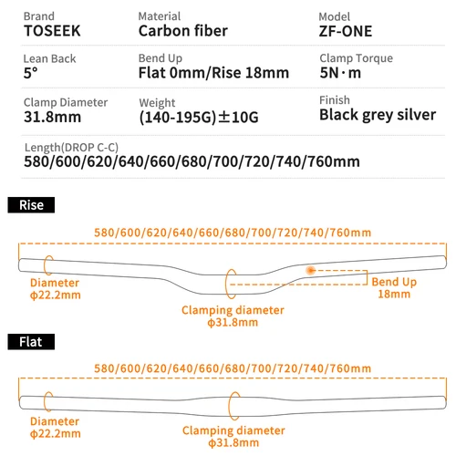 Imagen 2 del producto TOSEEK ZF-ONE Mtb manillar de carbono manillar de bicicleta 31,8*580-720/740/760mm manillar negro mate para accesorios de bicicleta de montaña