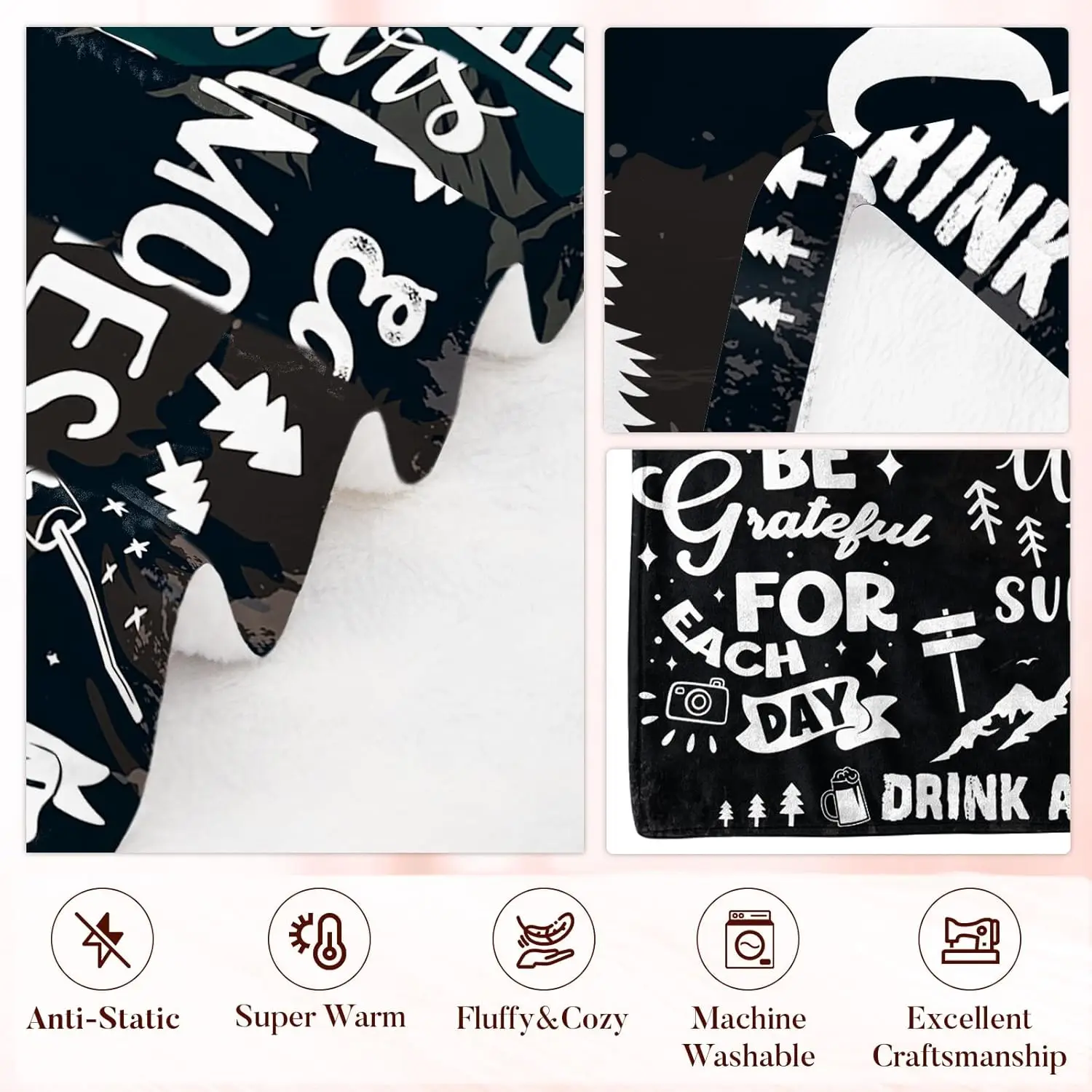 130x150cm Flannel Home Thermal Blanket RV Campground Travel Black and White Printed Blanket Office Dormitory Lunch Break Blanket