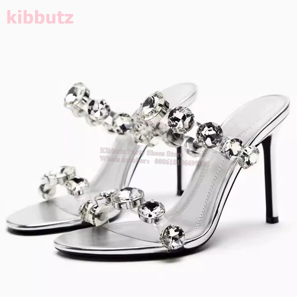 Rhinestone błyszczące pantofle sandały skórzane okrągłe Toe cienki obcas Slip-On moda eleganckie seksowne zwięzłe damskie buty na imprezę najnowsze