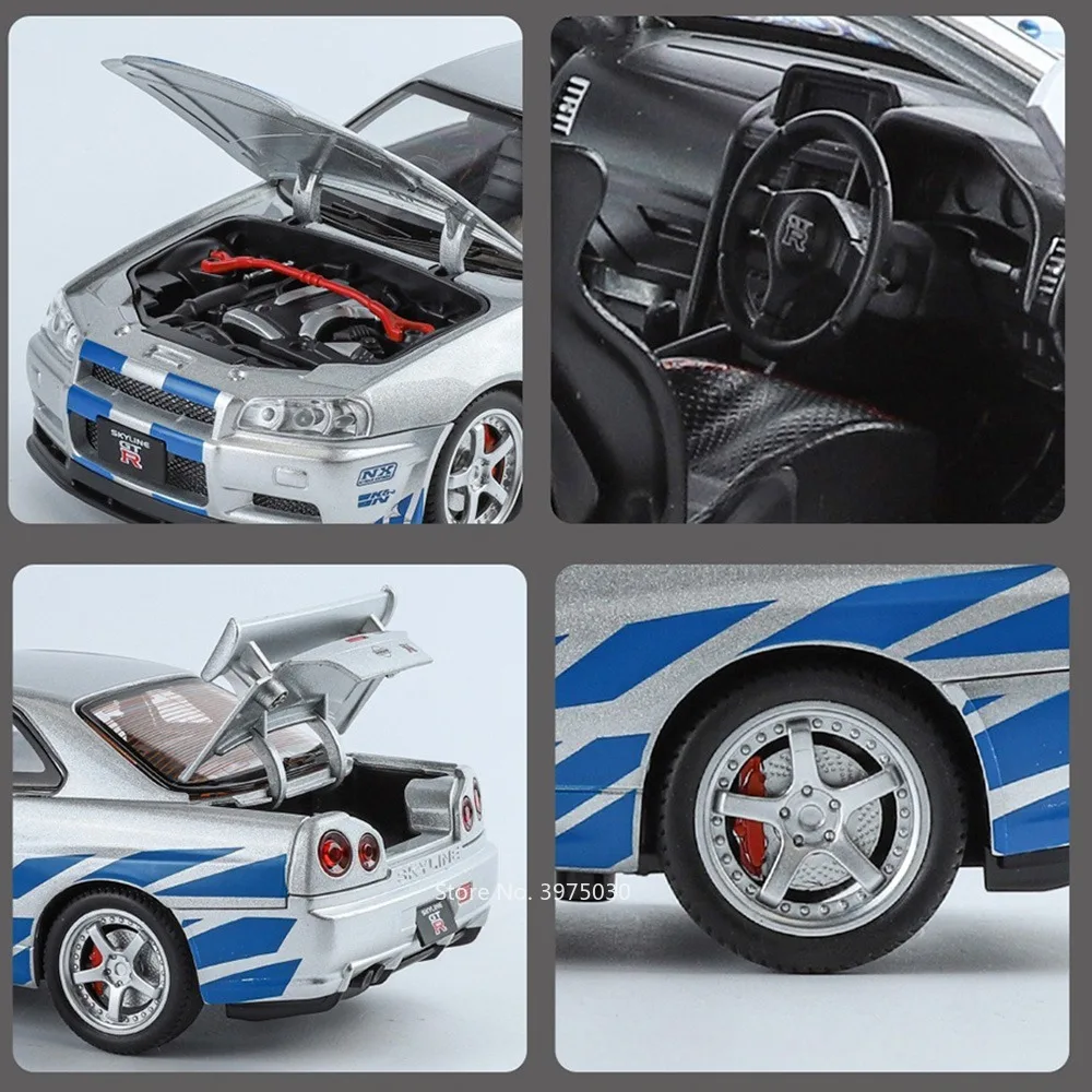 1/24 Nissan GTR R34 Automodelle Legierung Druckguss Sportwagen Spielzeug mit Rückzugs ton Licht Simulation Fahrzeuge Modelle Spielzeug für Jungen