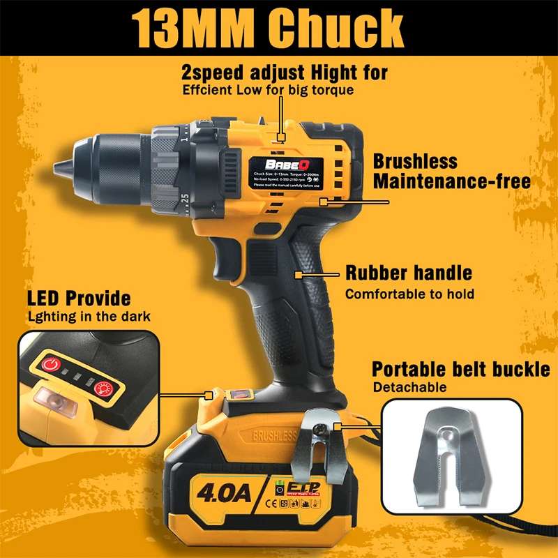 21V Cordless Impact Drill Upgrades 4.0A Battery Fast Charge Built-in LED Light Brushless Electric Drill Use for Wall/Wood/ Metal