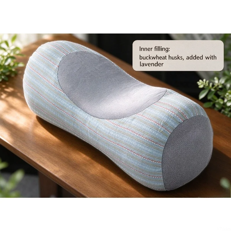Striped Buckwheat Husk Pillow with Pure Cotton Pillowcase, Added Lavender, Neck Support Sleeping Pillow for Home Dormitory Use