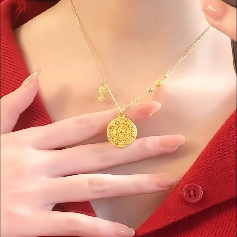 Gold Plated Vajra Eight Treasures Compass Necklace Women Filigree Round Pendant Sweater Chain Chinese National Style Copper Mate